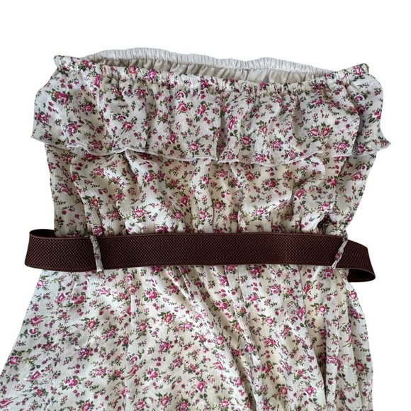 Allison Brittney Beige Boho Peasant Strapless Ruffle Cottagecore Belted Dress - Picture 3 of 8